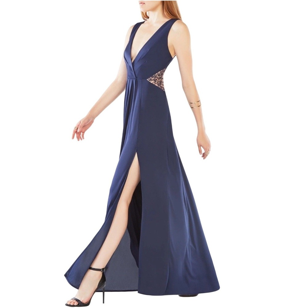 BCBG MAXAZRIA Hasani Dark Navy Lace Trim V-Neck Maxi Gown Dress Size 2